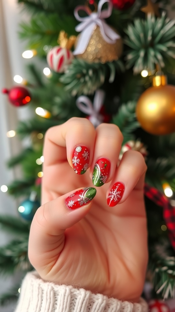 Festive Christmas nail art with red and green designs, snowflakes, and glitter against a holiday backdrop.